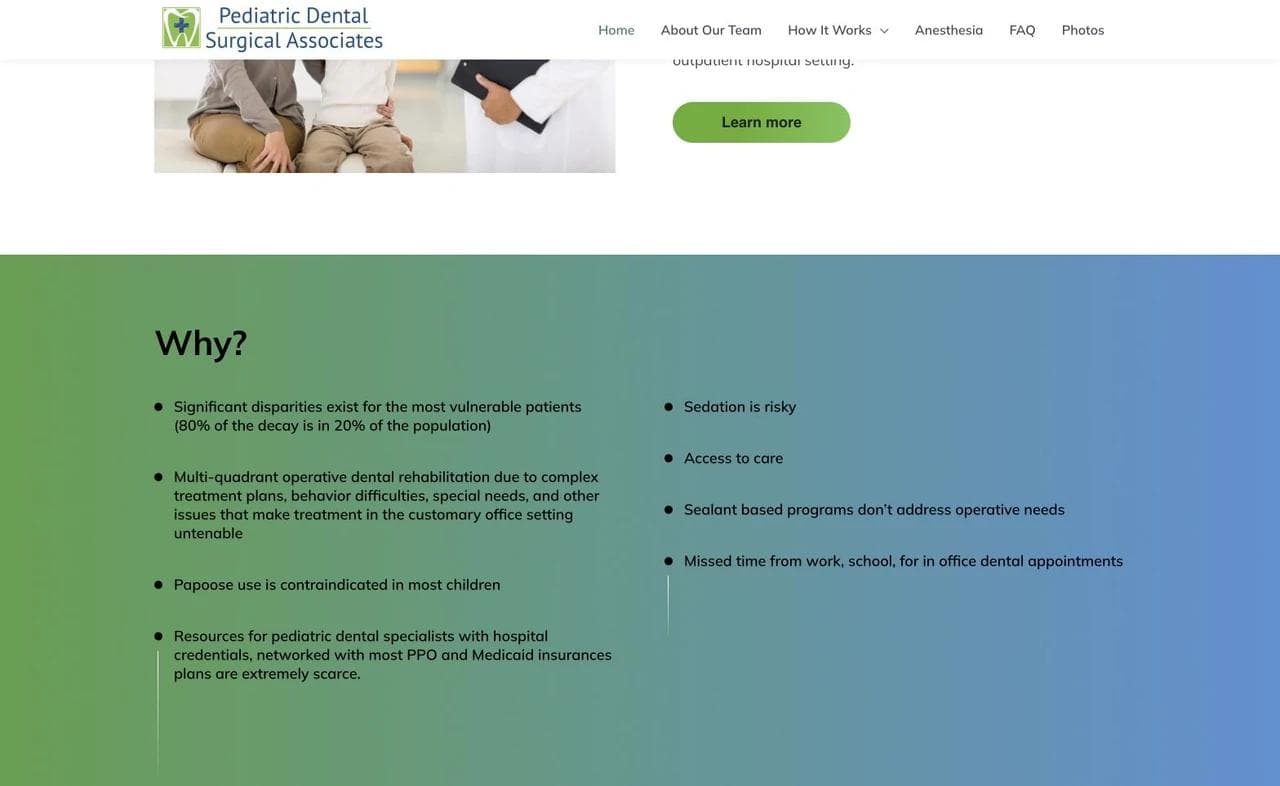 Pediatric Dental Surgical Associates section explaining why the service exists and what the practice does.