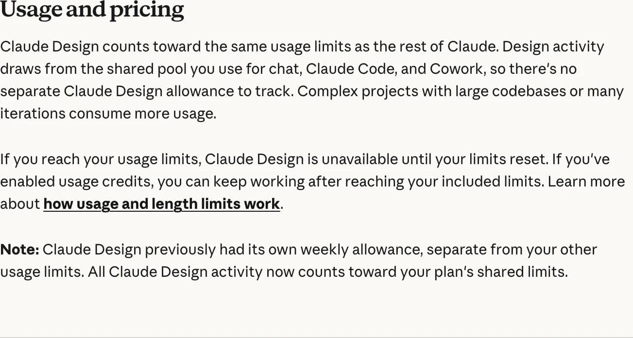 Anthropic's help centre note explaining that Claude Design previously had its own weekly allowance and that all Claude Design activity now counts toward the plan's shared limits