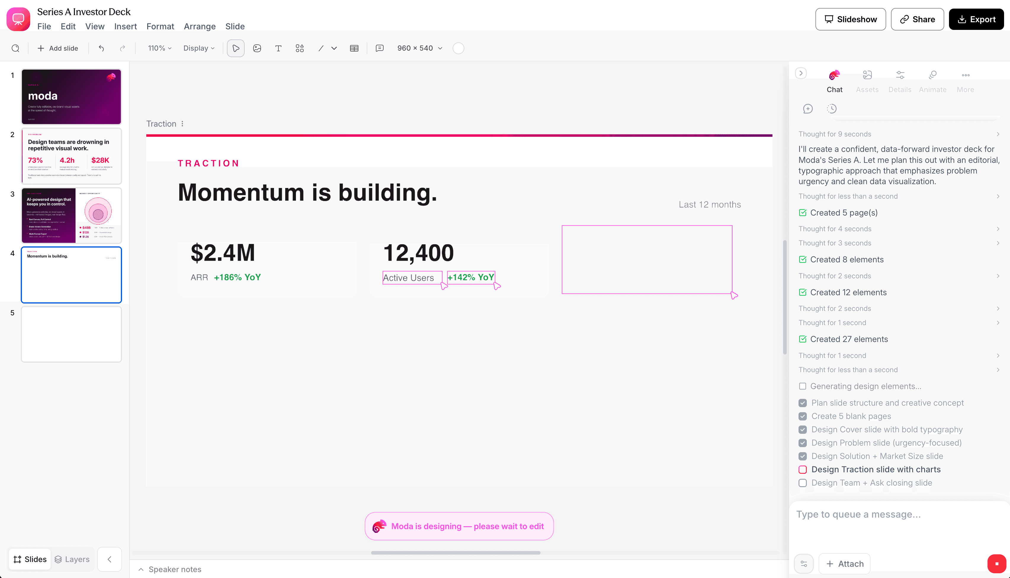 Moda creating a slide deck with the editable canvas and conversational panel visible
