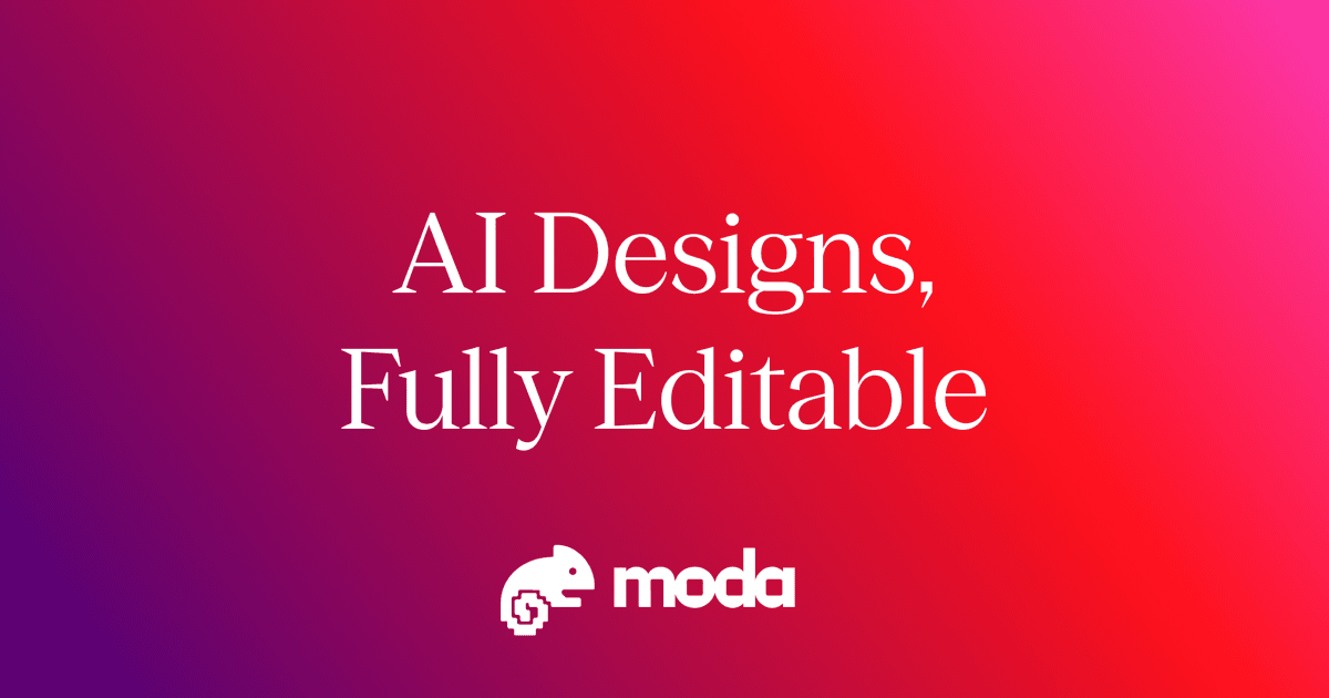 Moda design canvas showing a completed visual asset with editable elements