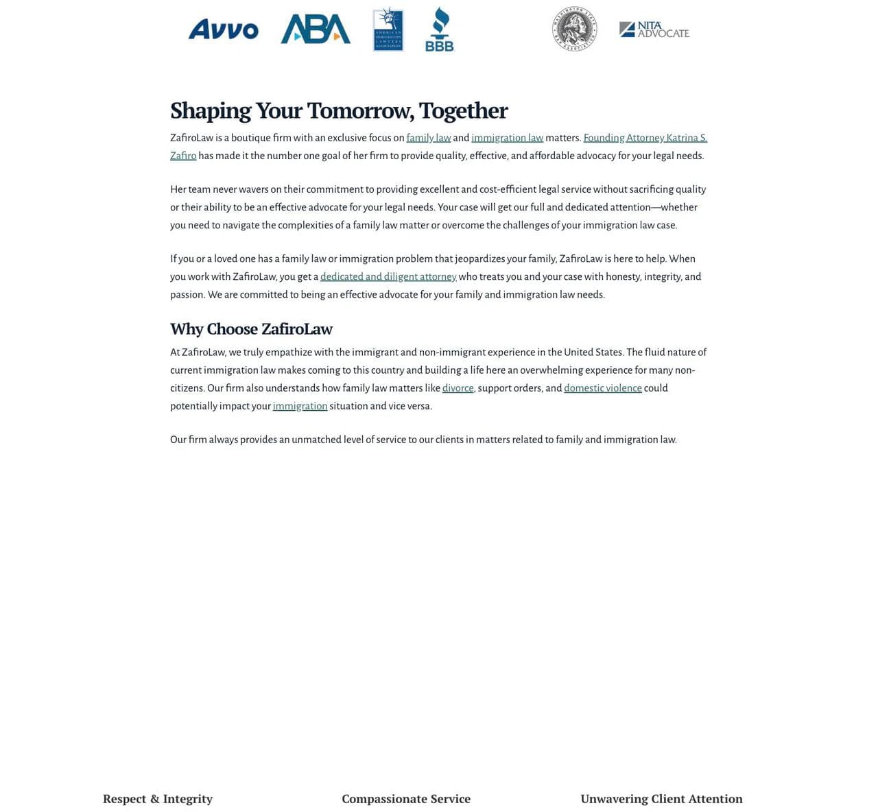 ZafiroLaw values, detailed testimonial, and family law explanation