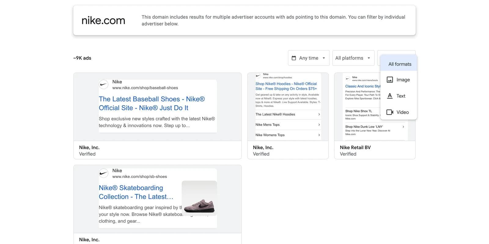 A grid of Ads Transparency Center cards for nike.com, showing text ads with sitelinks and ratings, and the advertiser name and Verified label under each