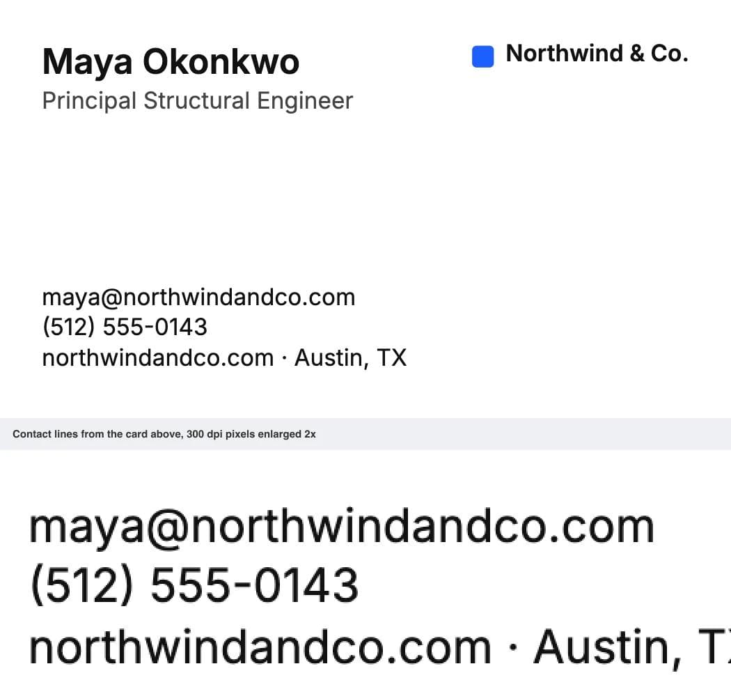 Business card in Inter at 300 dpi: name at 12 pt semibold, title and three contact lines at 8 pt, with the contact lines enlarged below
