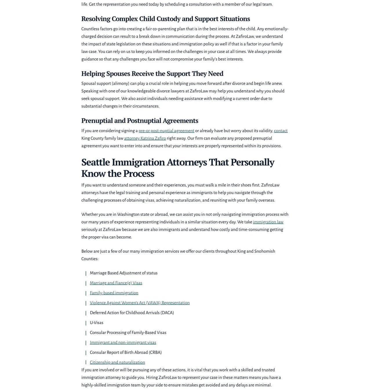 ZafiroLaw founder, trust explanation, FAQs, contact form, and office details
