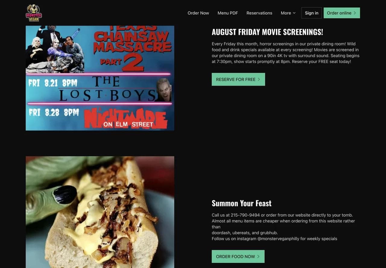 Monster Vegan homepage sections promoting movie screenings and direct food ordering.
