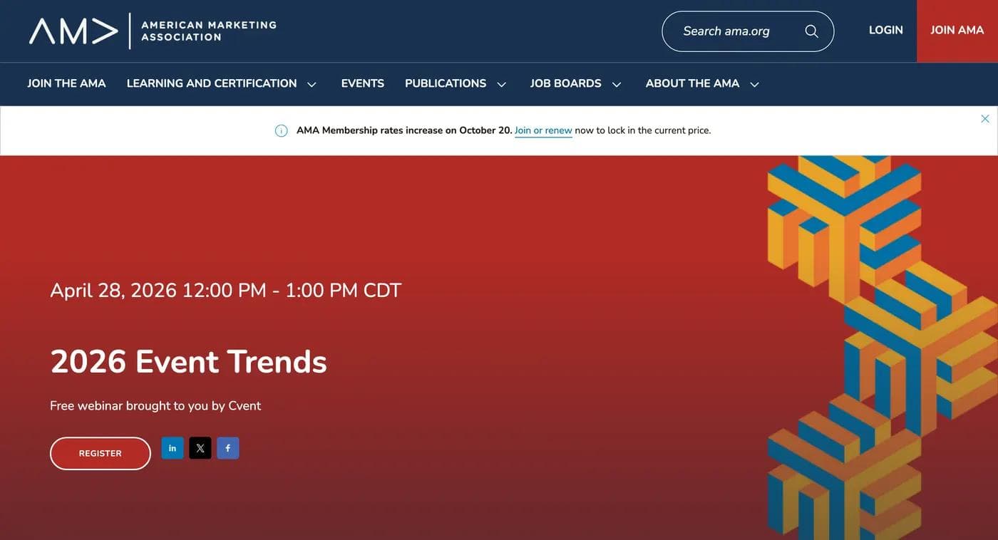 AMA webinar page showing the date and time above the title 2026 Event Trends, the line Free webinar brought to you by Cvent, and a REGISTER button
