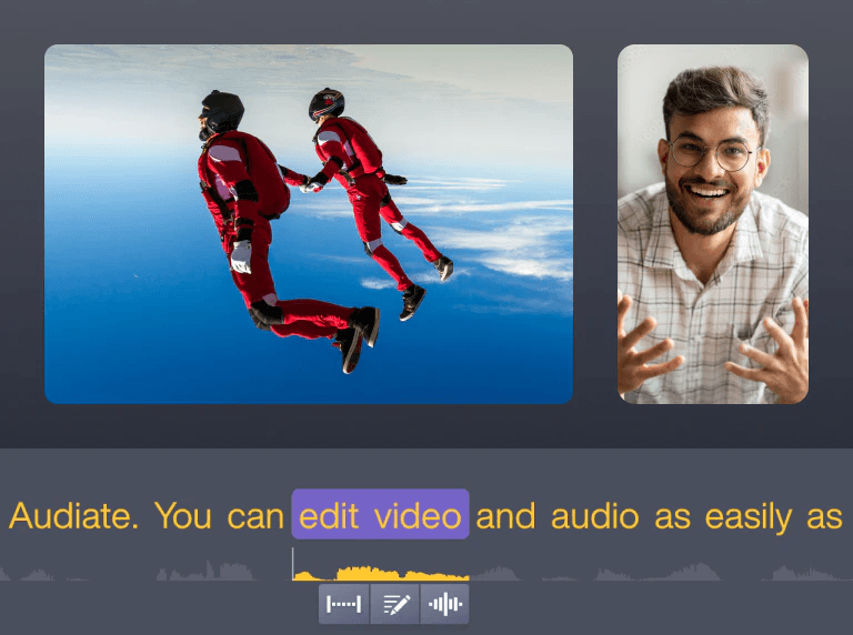 Camtasia Audiate demonstration with skydiving footage and transcript words linked to an audio waveform