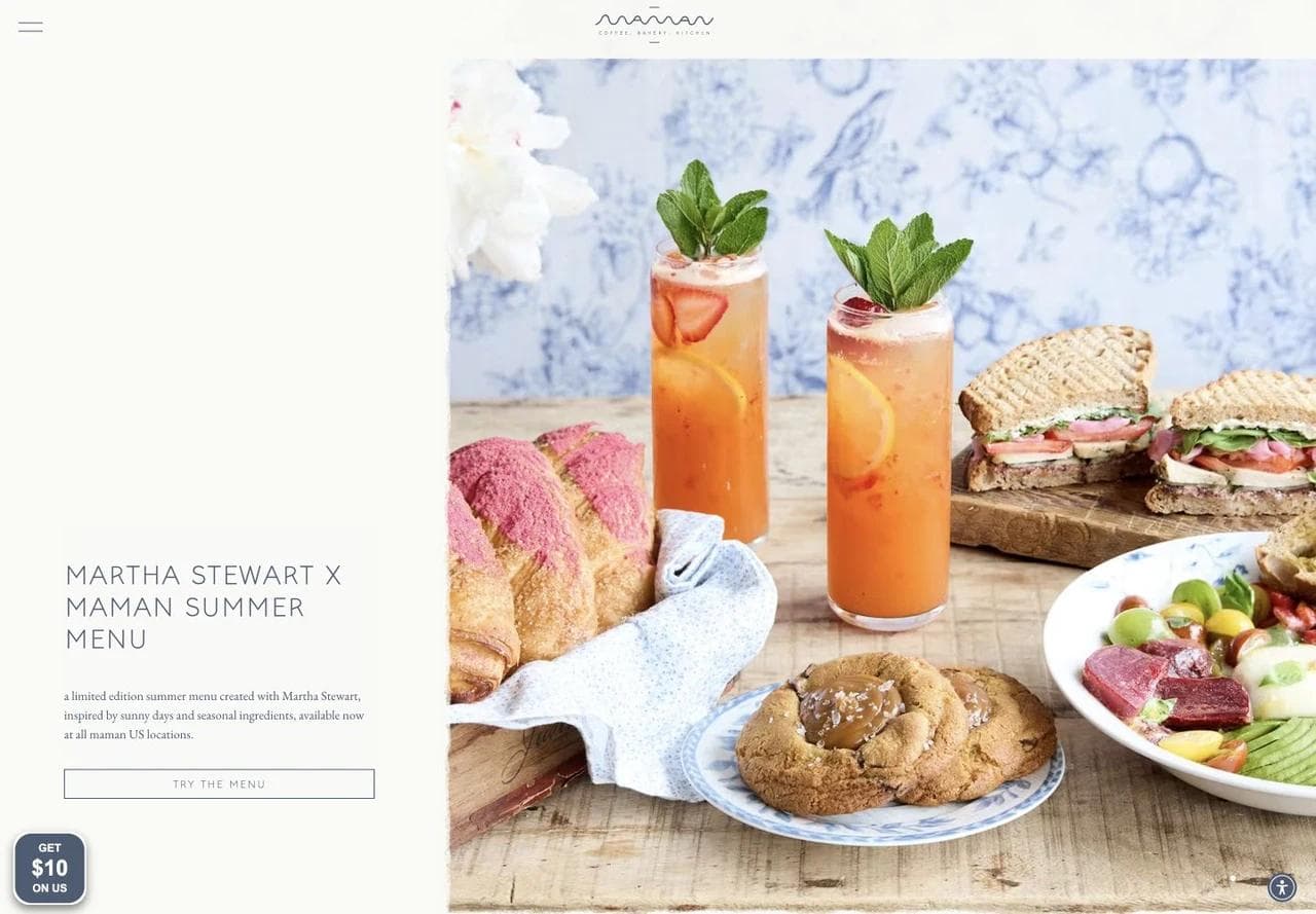 Maman homepage seasonal menu campaign with drinks, sandwiches, pastries, and a menu call to action.