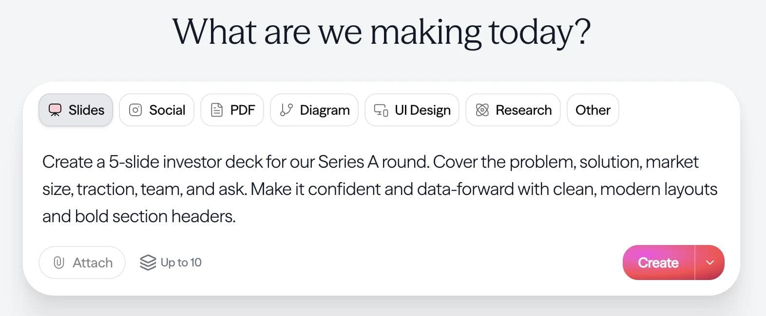 Moda prompt composer showing a detailed investor-deck brief ready to generate