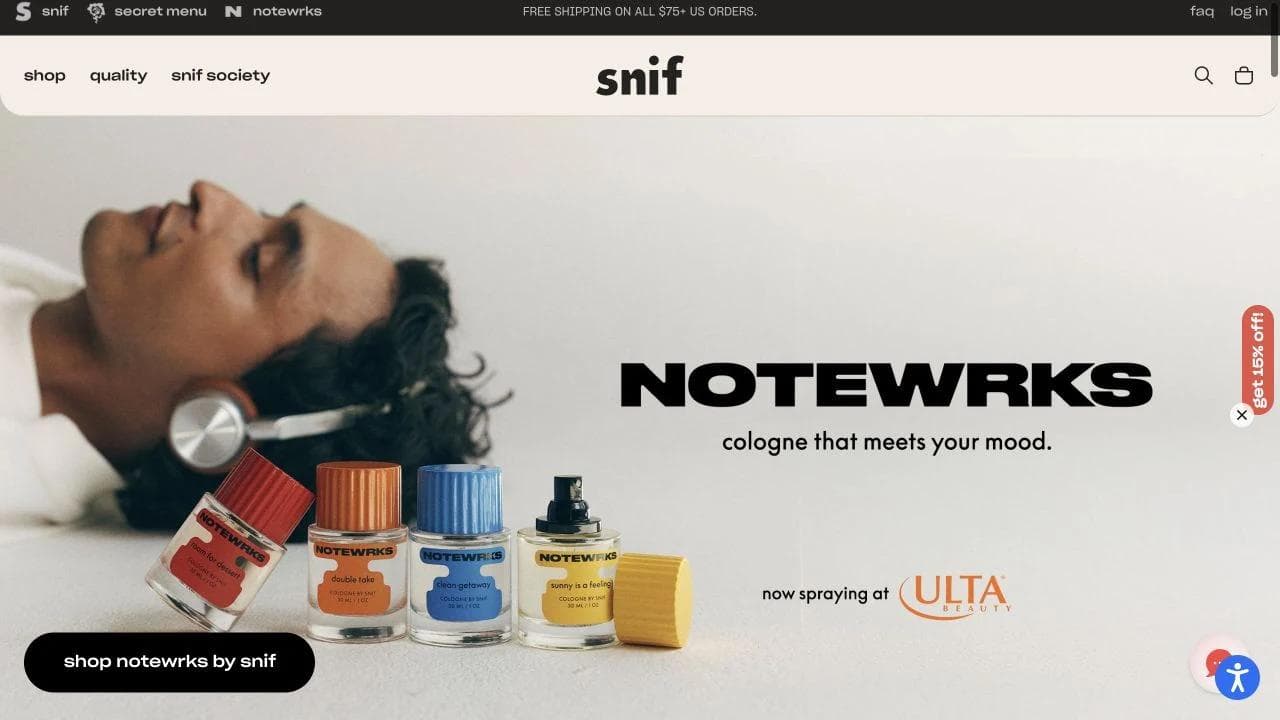 Snif fragrance ecommerce homepage using imagery and product language to establish a scent world