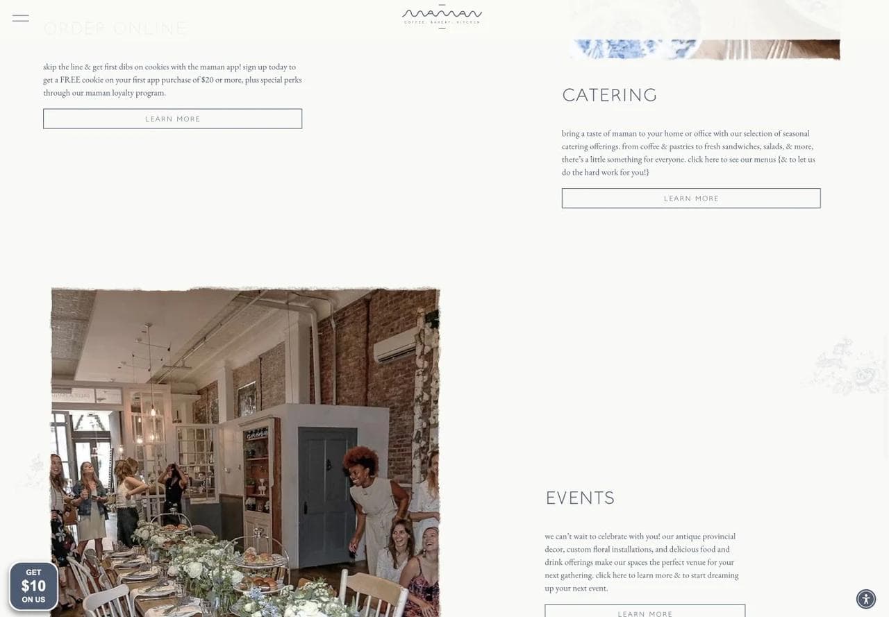 Maman homepage sections for catering and hosted events with separate descriptions and actions.