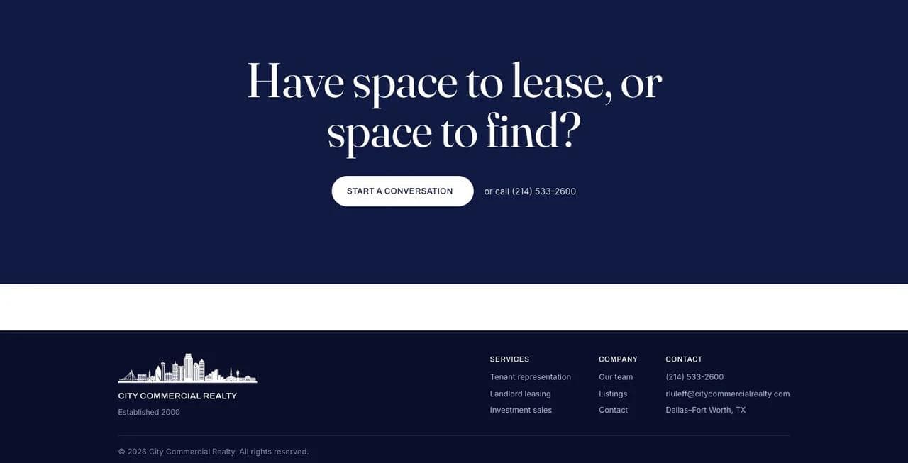 City Commercial Realty closing contact prompt and company footer