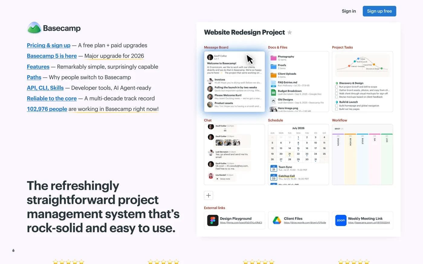 Basecamp landing page with a list of underlined text links, a product screenshot, and the headline The refreshingly straightforward project management system