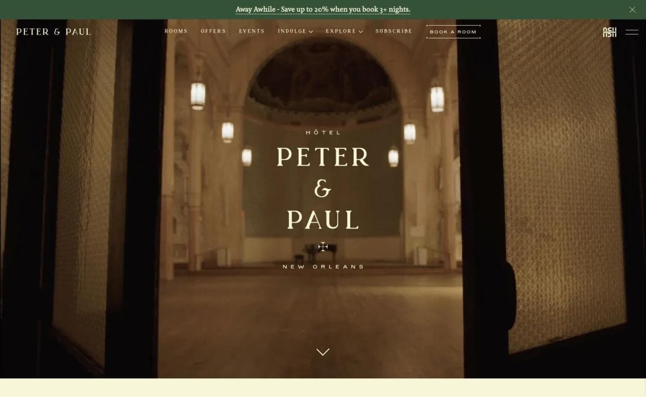 Hotel Peter and Paul homepage hero inside a restored New Orleans building