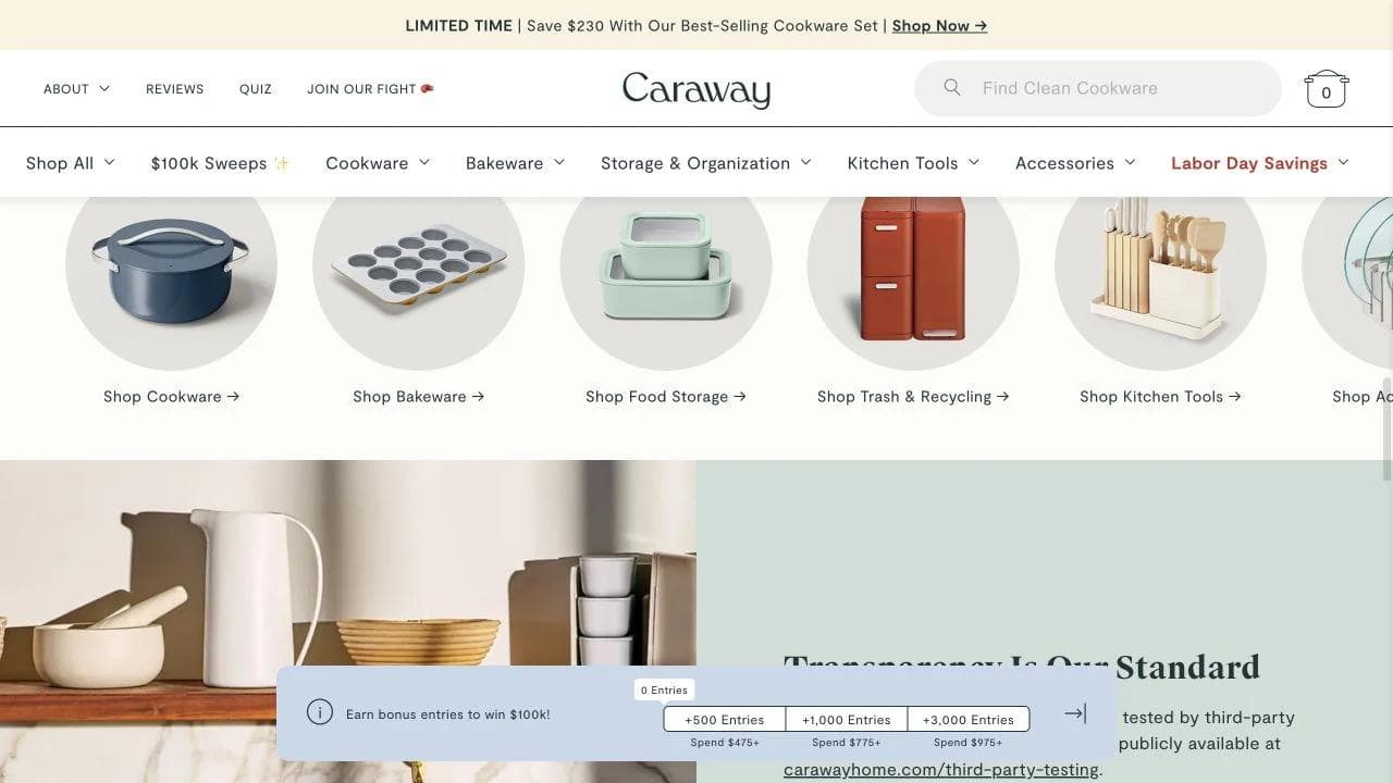 Caraway homepage section explaining kitchenware standards and product construction