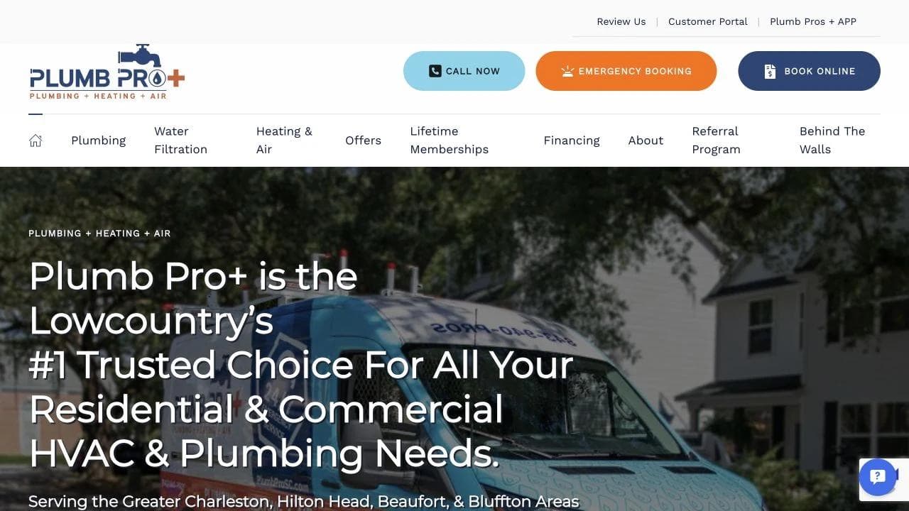 Plumb Pro Plus homepage hero with calling, emergency booking, online booking, plumbing, and HVAC routes