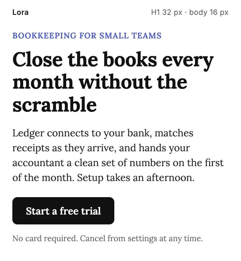 Lora rendered as a 390 px wide landing section: 32 px bold heading, 16 px paragraph and a button