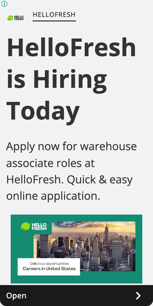 A HelloFresh 300 by 600 display ad with the headline HelloFresh is Hiring Today, a description about warehouse associate roles and a quick online application, a photo tile reading Careers in United States, and an Open button