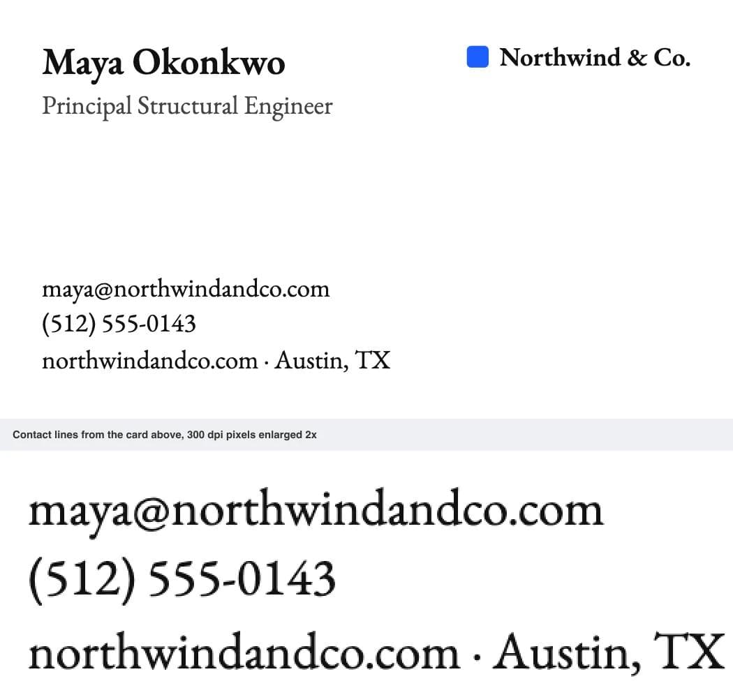 Business card in EB Garamond at 300 dpi: name at 13 pt semibold, title and three contact lines at 9 pt, with the contact lines enlarged below