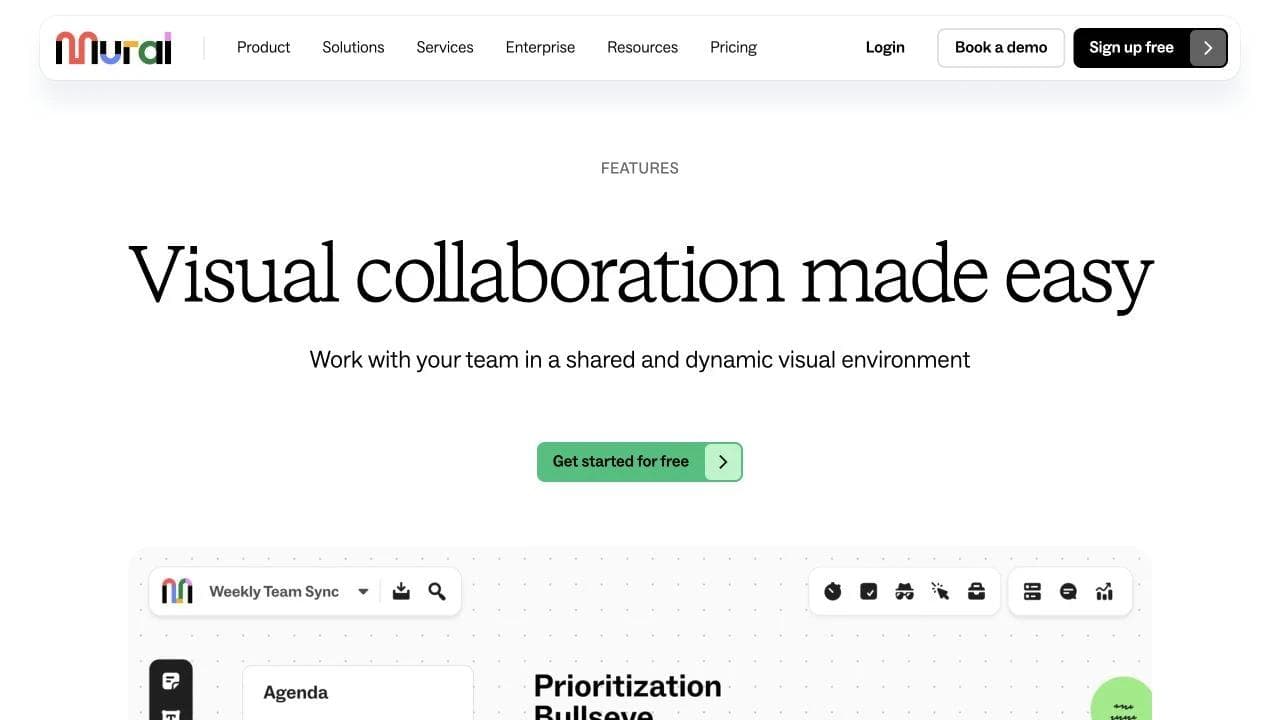 Mural features page showing a collaborative workshop board and facilitator controls