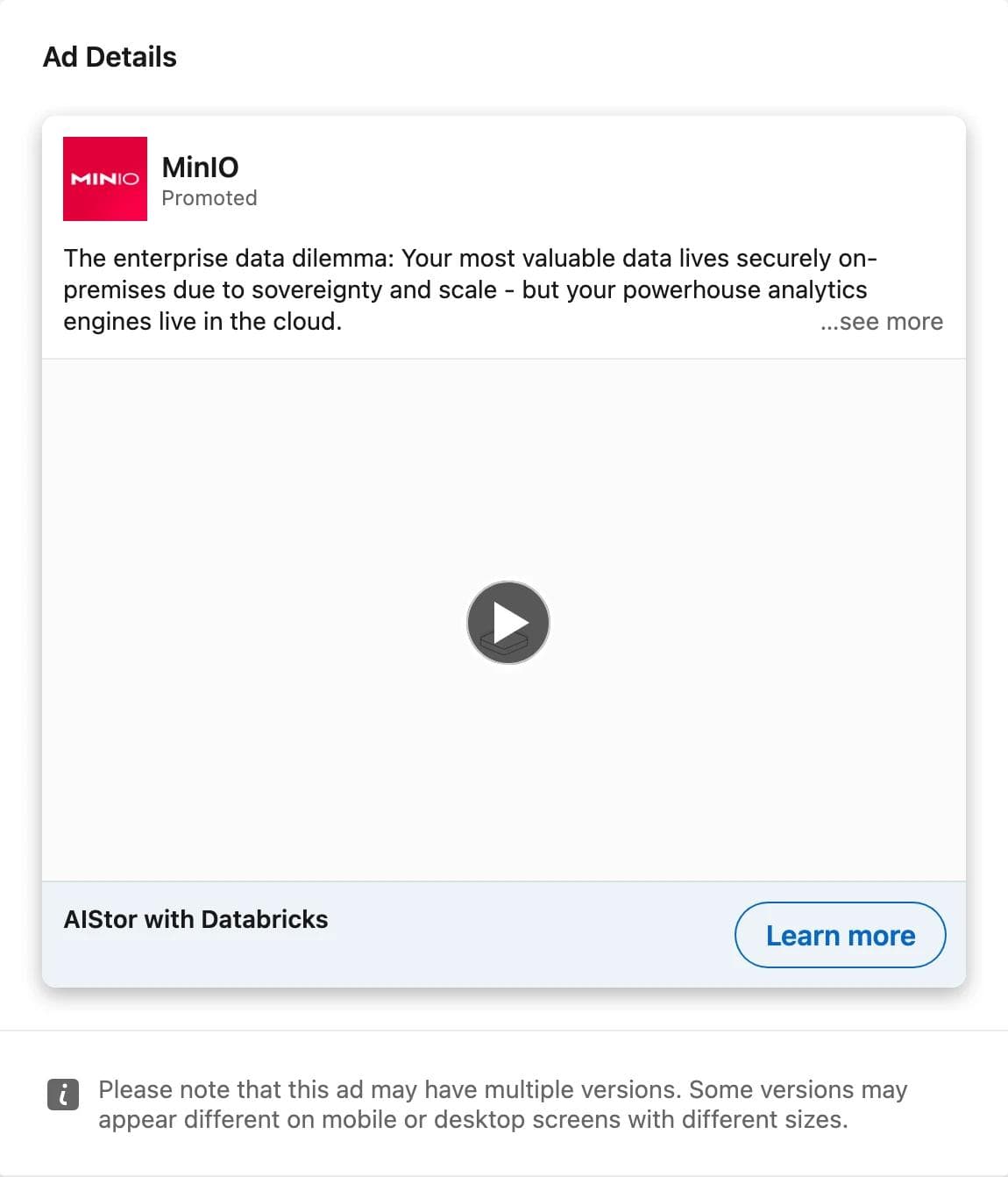 LinkedIn video ad by MinIO with the headline AIStor with Databricks and a Learn more button; the library rendered the video without a poster frame