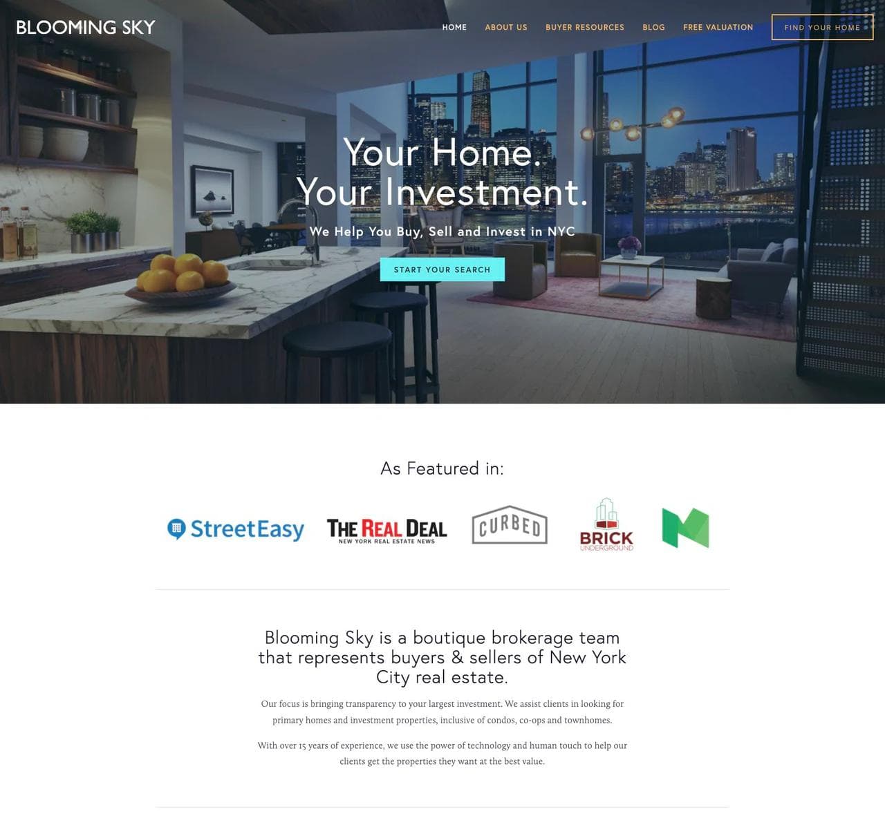 Blooming Sky New York real estate advisory hero and press proof