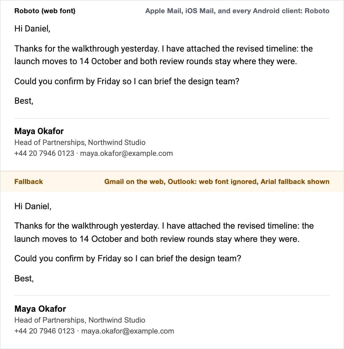Roboto on the sample email at 15 px, with the Gmail web and Outlook fallback, Arial, rendered below it