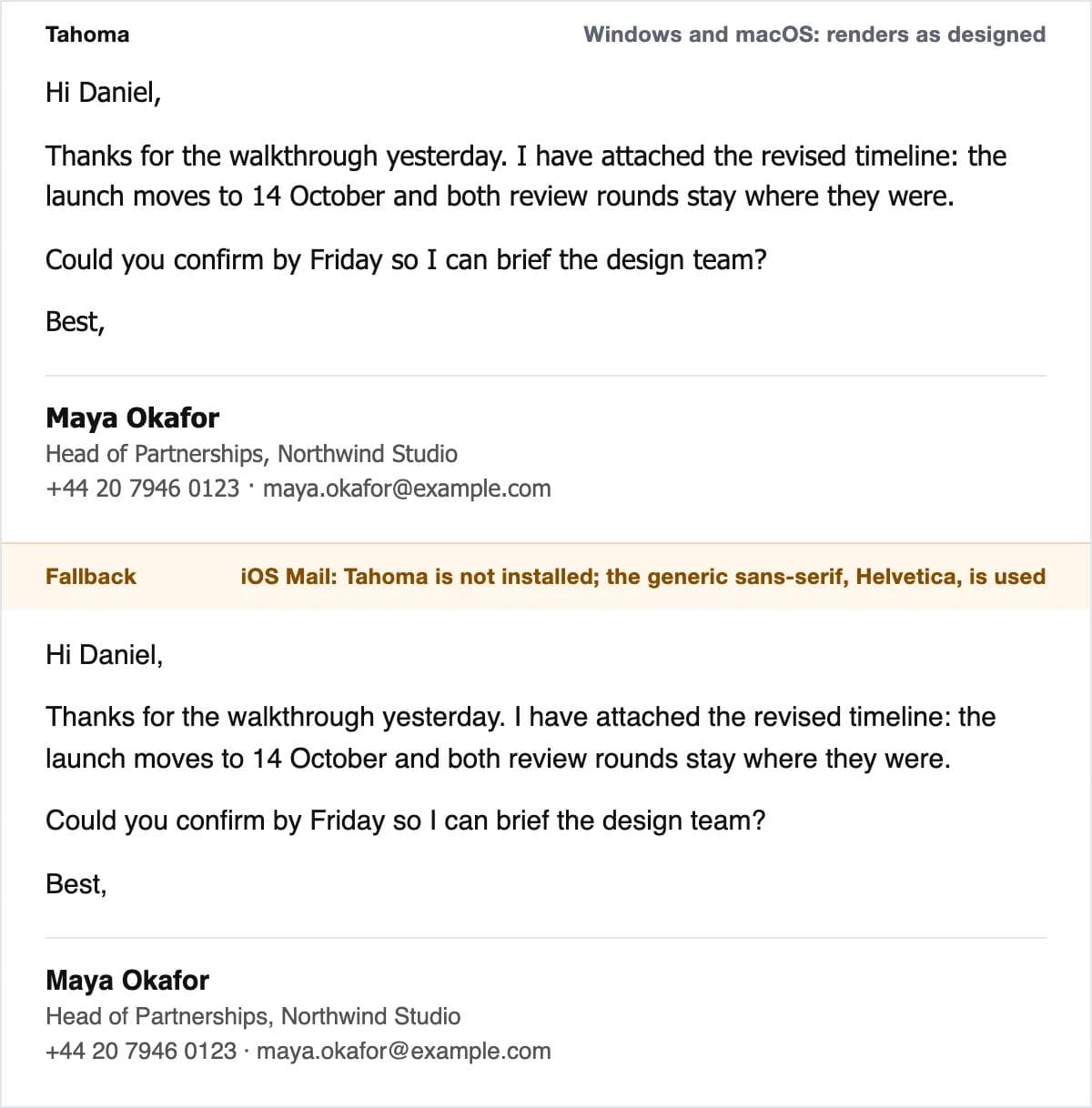 Tahoma on the sample email at 15 px, with the iOS fallback, Helvetica, rendered below it