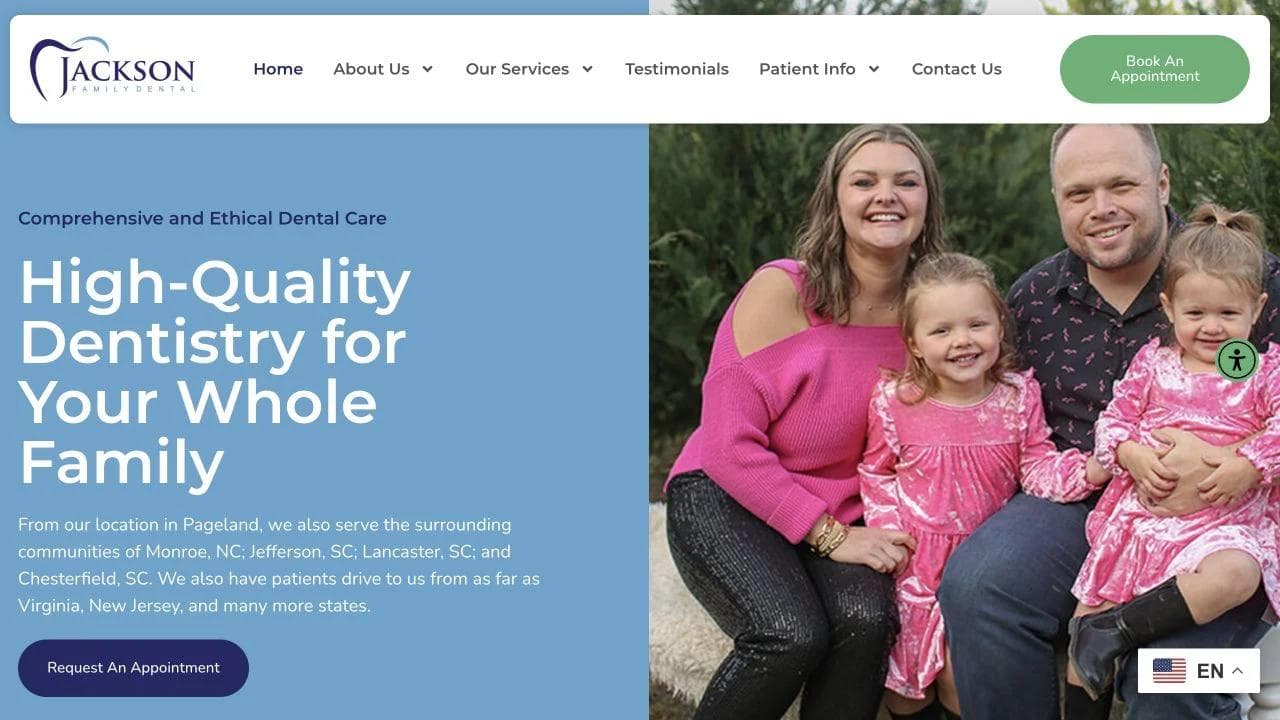 Jackson Family Dental homepage with a family portrait, local positioning, and appointment button.
