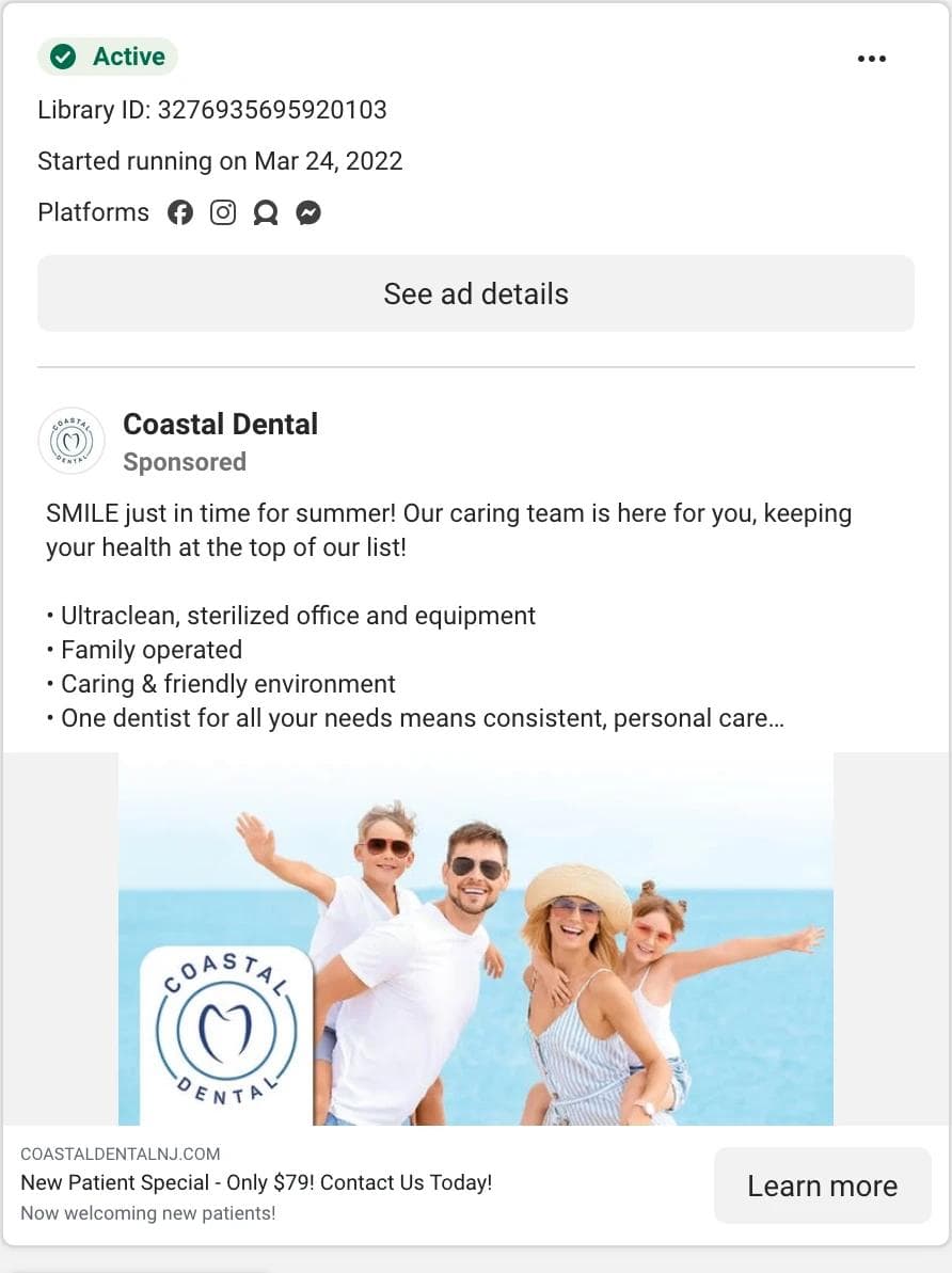 Meta Ad Library card for a Coastal Dental image ad showing a landscape stock-style photo of a family of four at the beach with the practice logo, above a 79 dollar new patient special headline