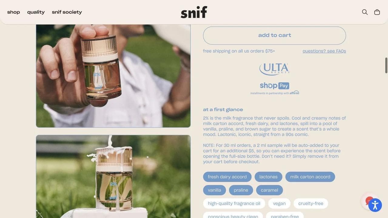 Snif fragrance page explaining scent notes trial options and at-home evaluation