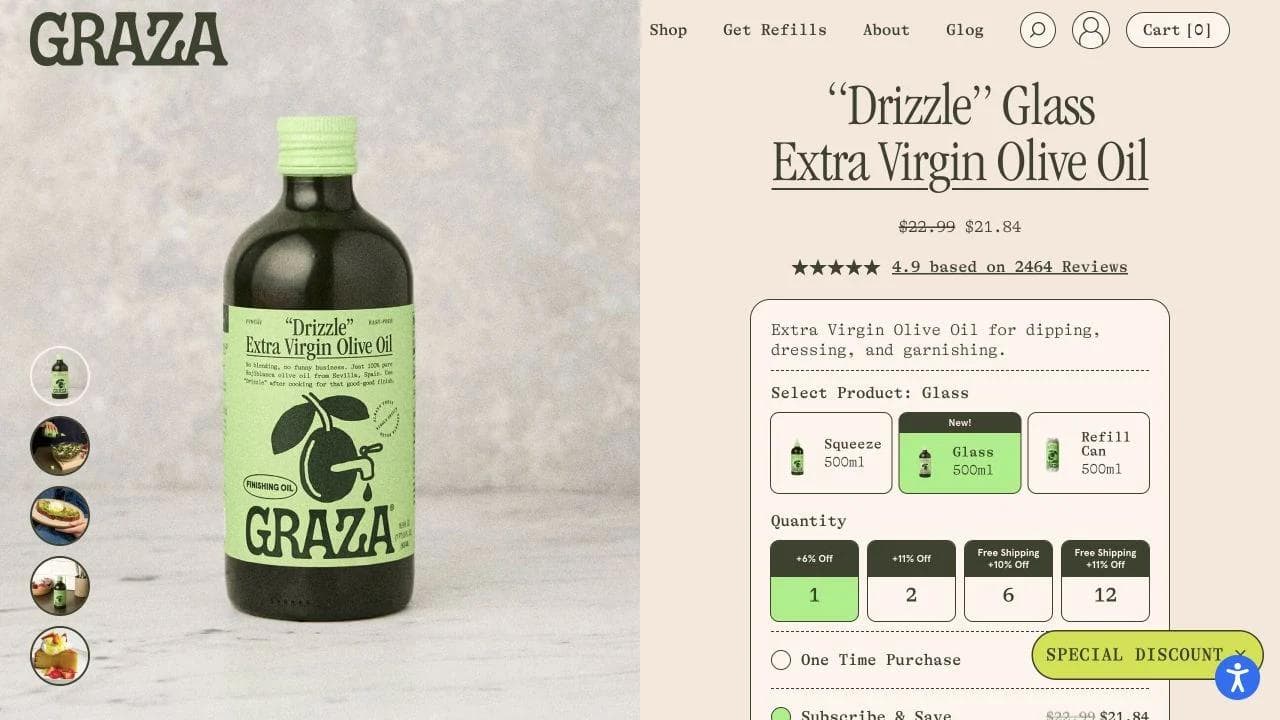 Graza Drizzle olive oil product page with format quantity subscription and review controls