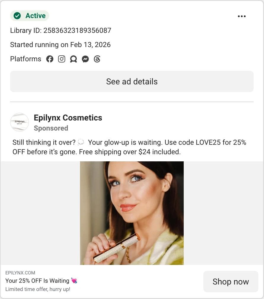 Meta Ad Library card for an Epilynx Cosmetics ad with a discount code in the primary text and a person holding the product
