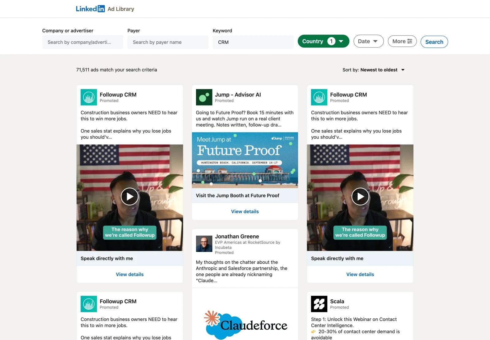 A LinkedIn Ad Library results page for the keyword CRM showing a video ad, a single image ad, and a Thought Leader ad from a named person