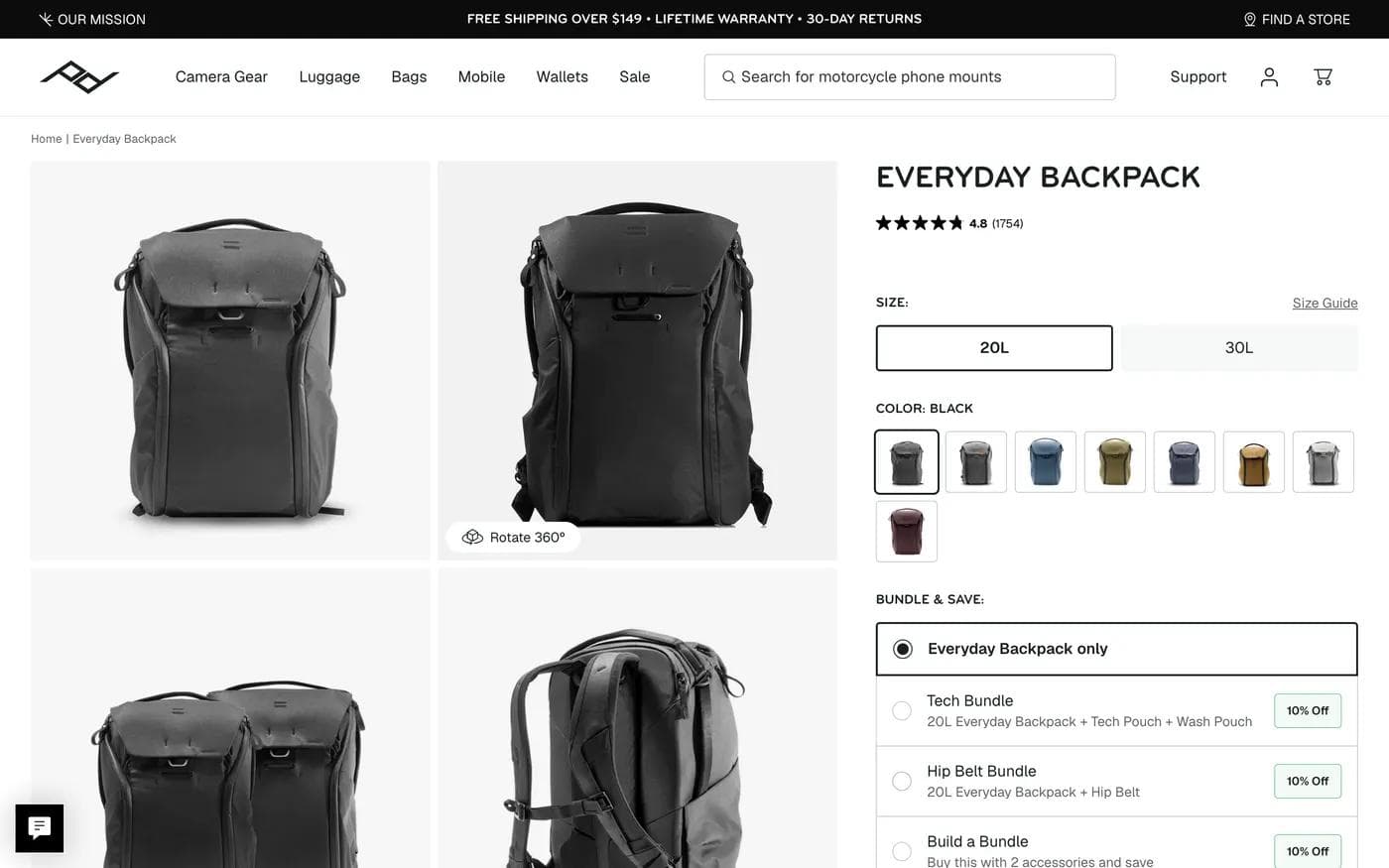 Peak Design Everyday Backpack product page with image grid, 4.8 star rating, size and colour selectors, bundle options, and an Add to Cart button