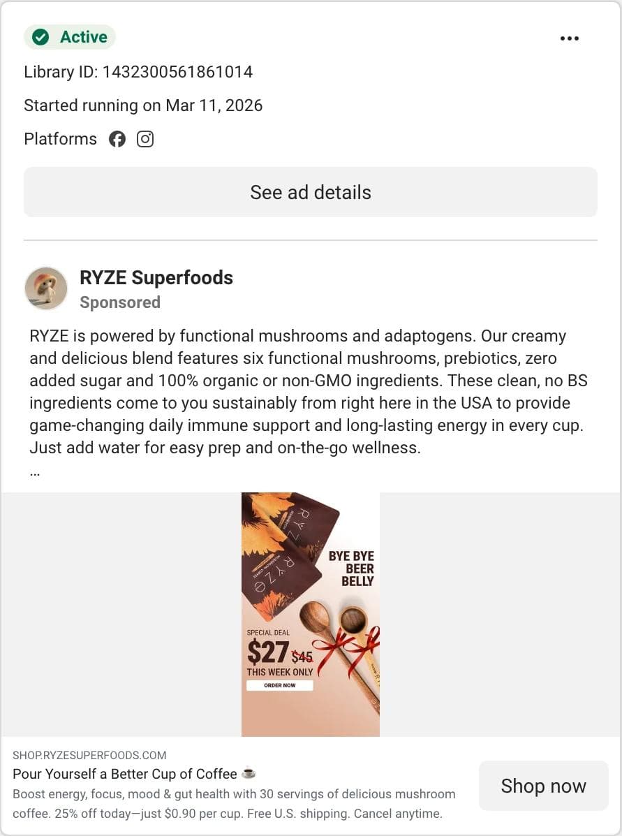 Meta Ad Library card for a RYZE Superfoods image ad with two coffee pouches, wooden spoons, and a 27 dollar special deal over a struck-through 45