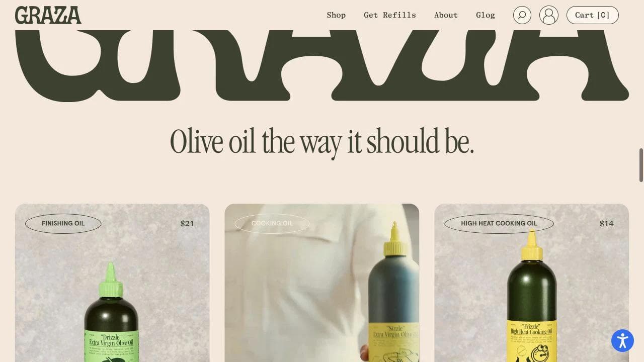 Graza homepage comparing finishing oil, everyday cooking oil, and high-heat cooking oil