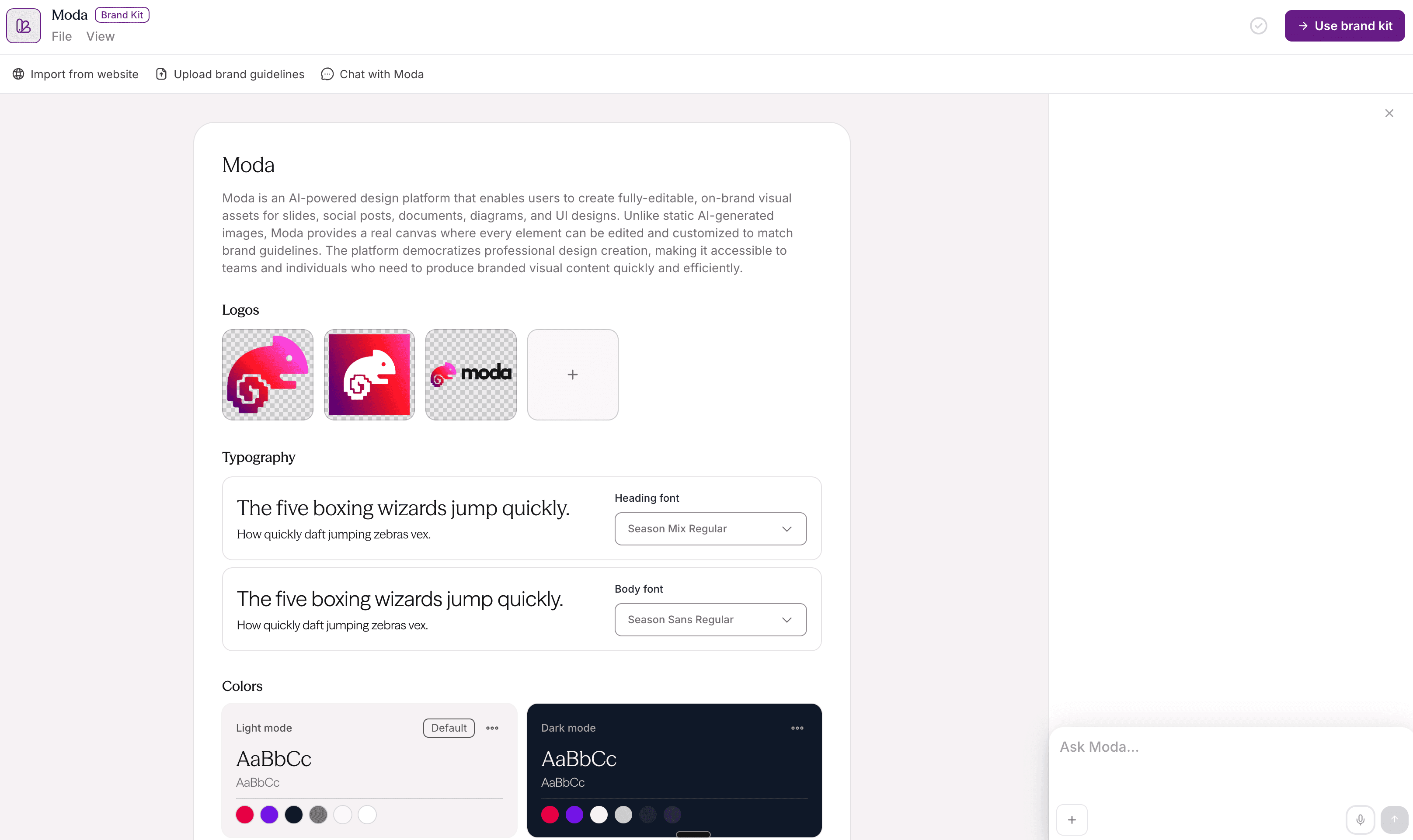 Moda Brand Kit editor showing approved logos, heading and body fonts, and color palettes