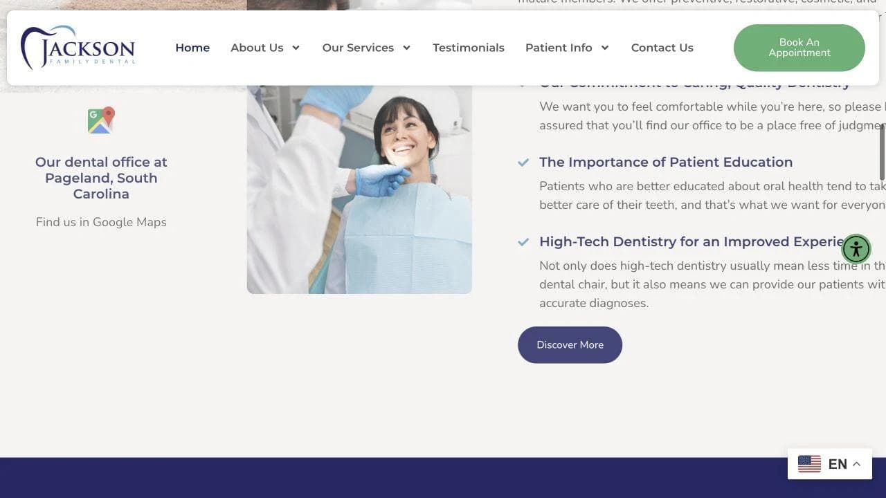 Jackson Family Dental page section explaining its patient care approach and practice advantages.