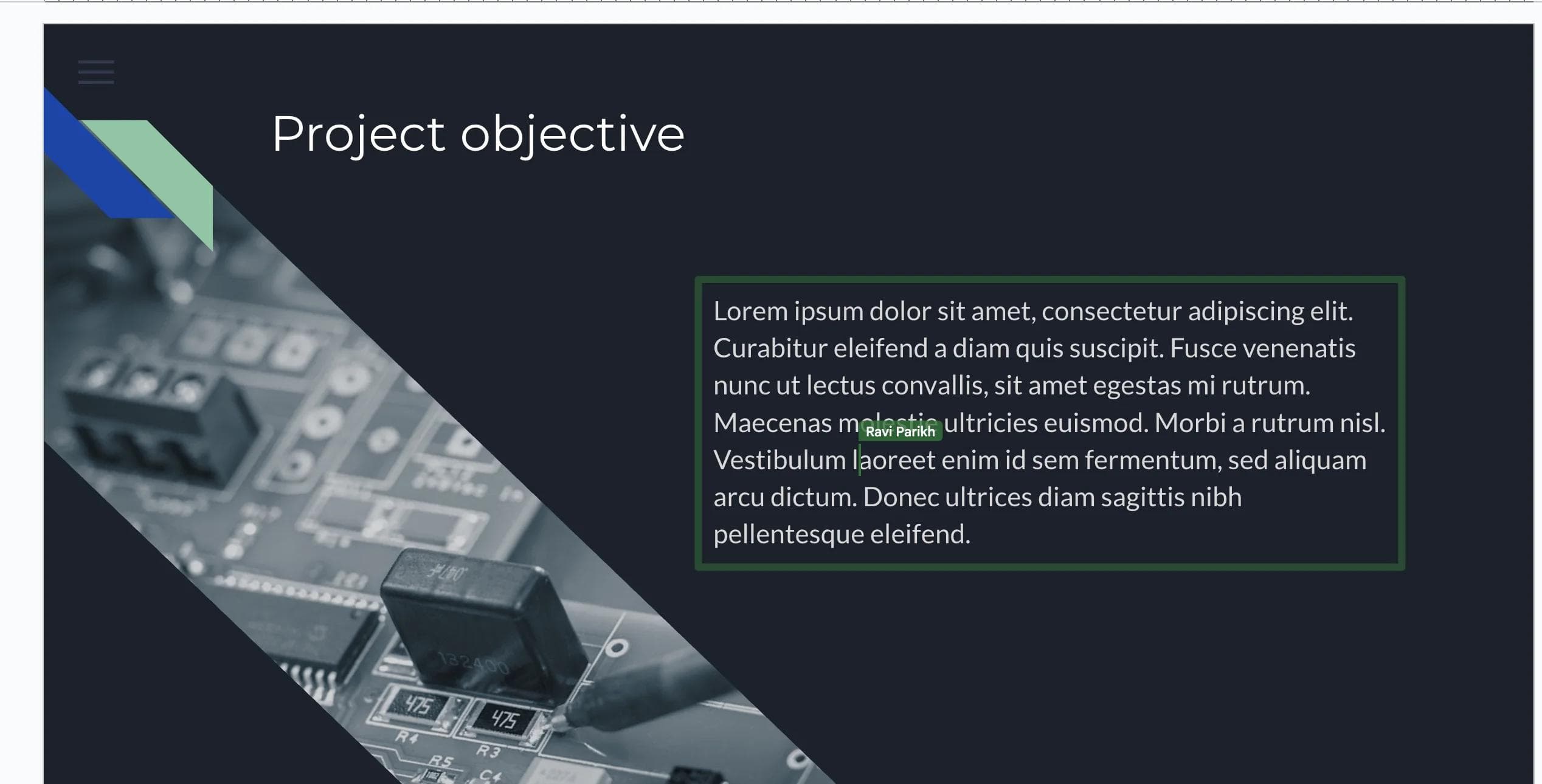 Google Slides slide with a text box selected and a collaborator label visible over the text