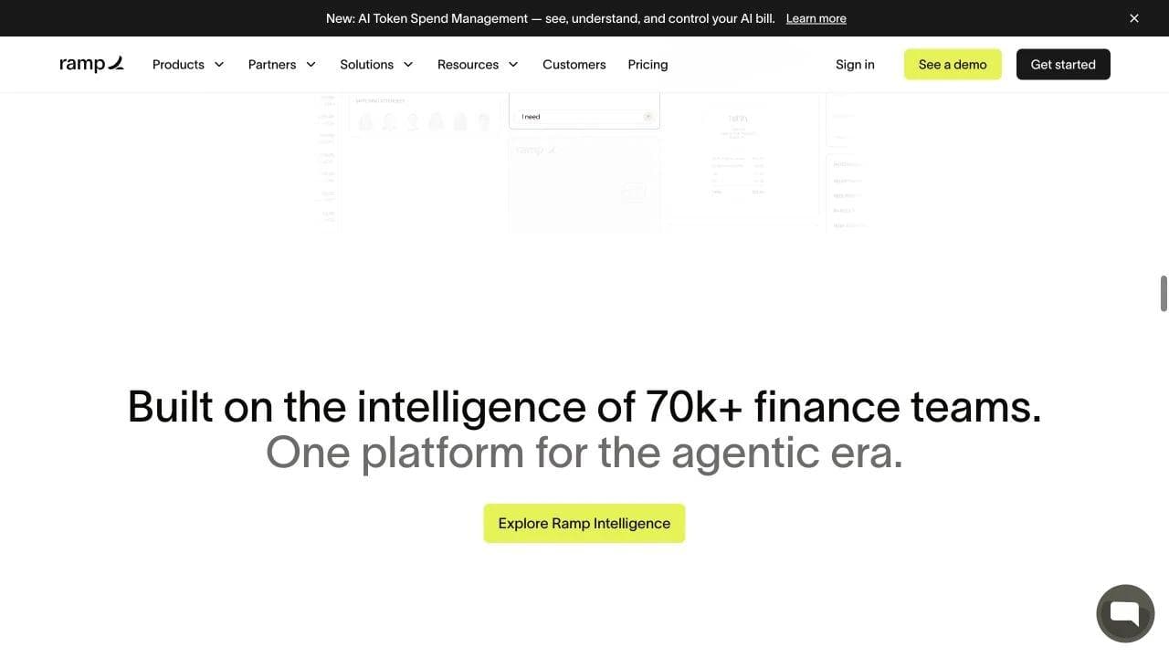 Ramp intelligence section connecting data from finance teams to its agentic platform story