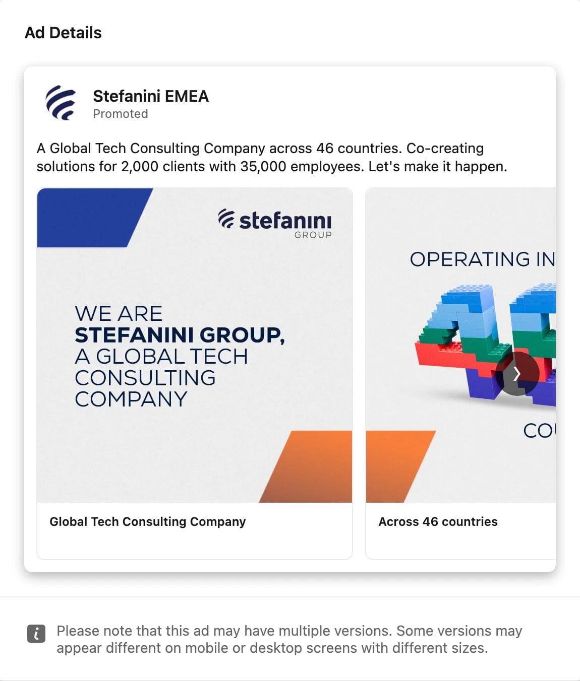 LinkedIn carousel ad by Stefanini EMEA: the first card reads We are Stefanini Group, a global tech consulting company on a light grey field with blue and orange corner shapes, the second card starts Operating in 46 countries built from toy bricks