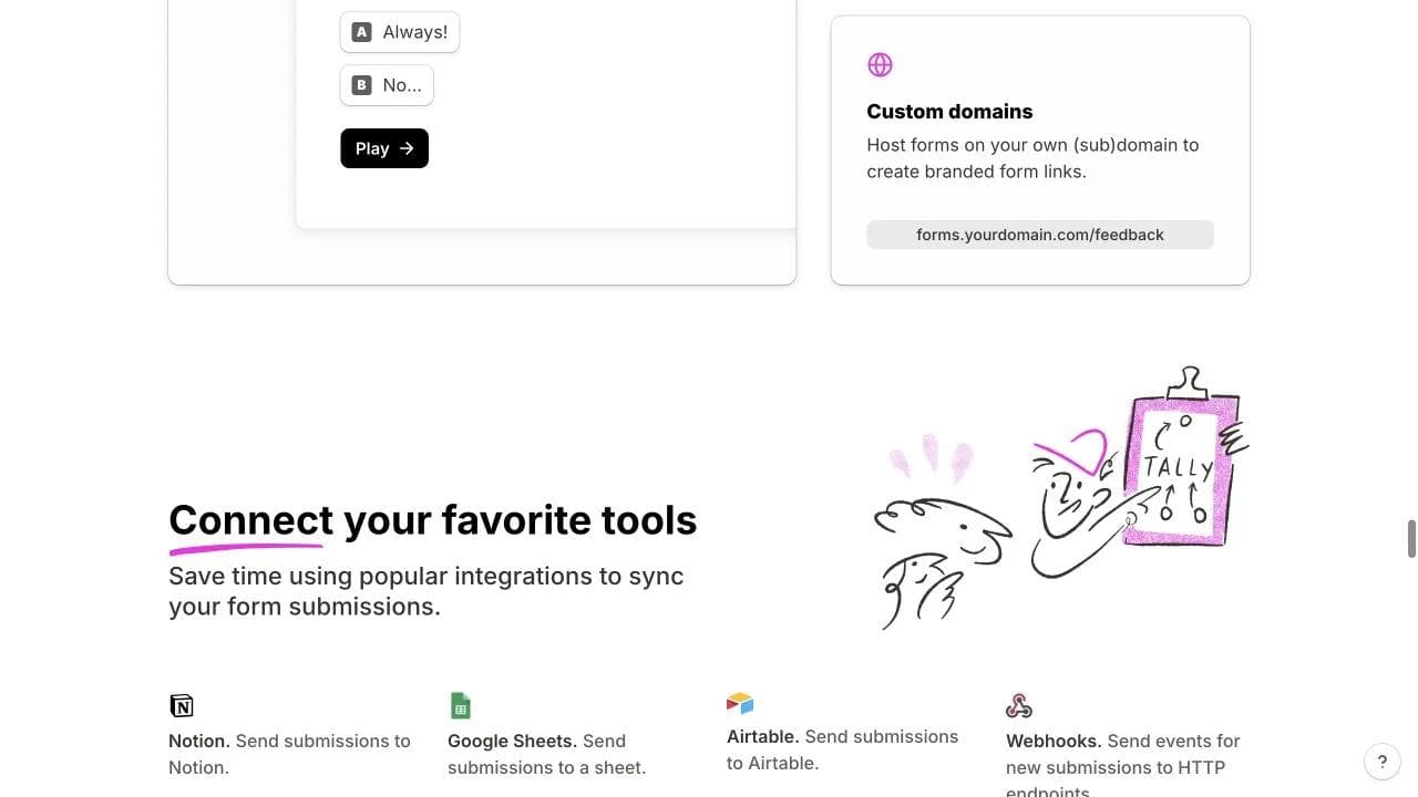 Tally landing page integrations section with Notion, Google Sheets, Airtable, and webhooks