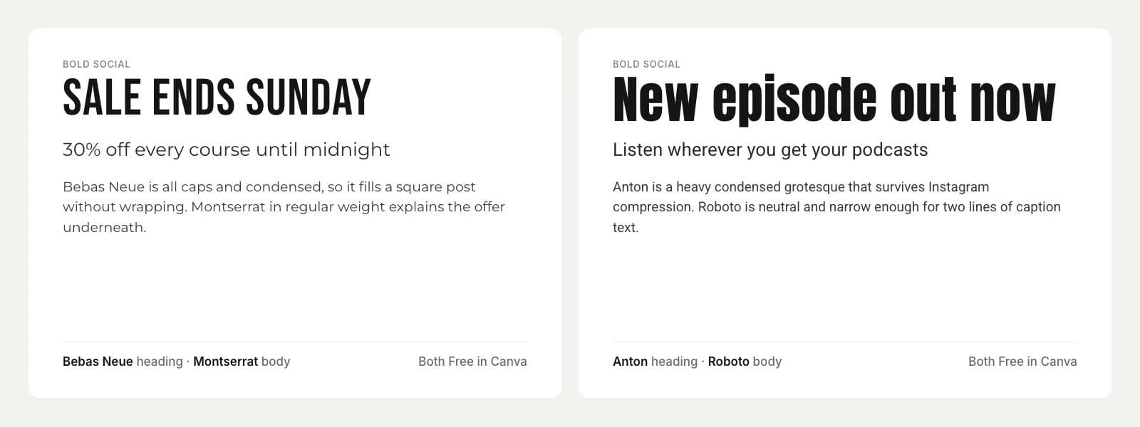 Two bold social pairings: Bebas Neue over Montserrat on a sale announcement, and Anton over Roboto on a podcast episode announcement