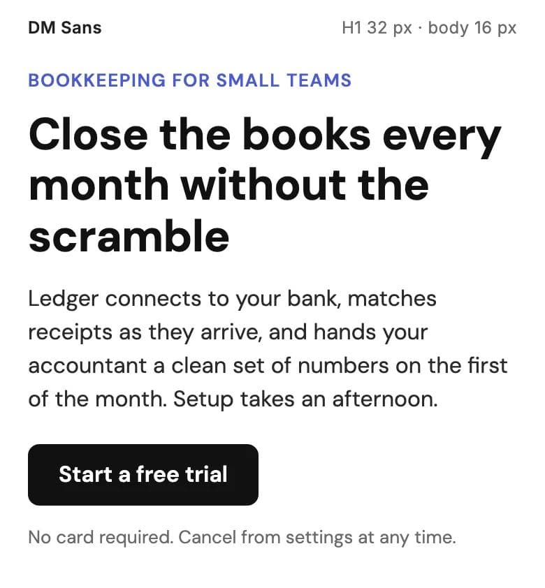 DM Sans rendered as a 390 px wide landing section: 32 px bold heading, 16 px paragraph and a button