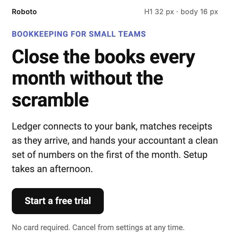 Roboto rendered as a 390 px wide landing section: 32 px bold heading, 16 px paragraph and a button