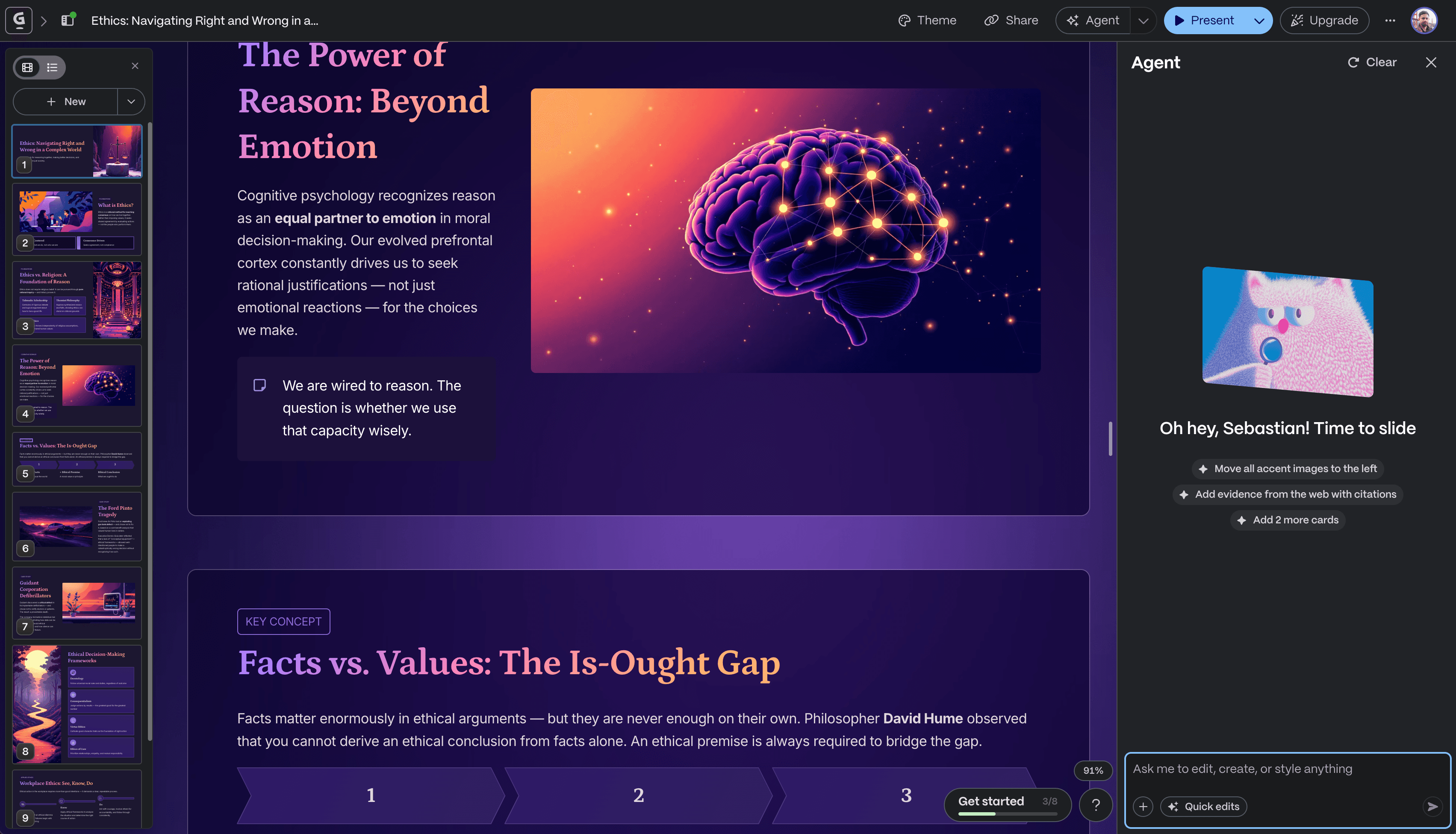 Gamma editor displaying an AI-generated presentation in its card-based workspace