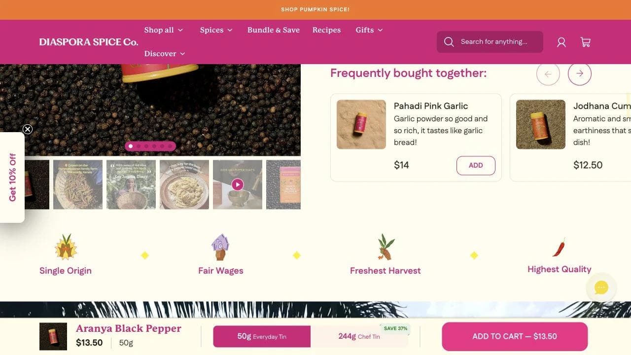 Diaspora Co product origin section showing growing region farmer and sourcing information