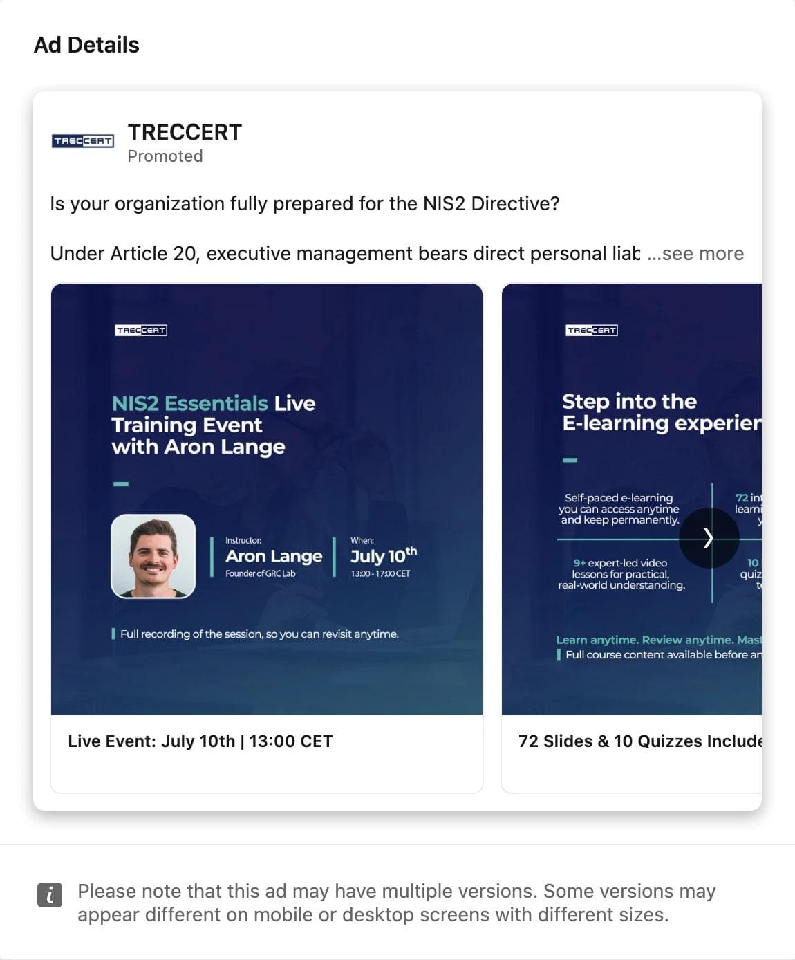 LinkedIn carousel ad by TRECCERT: the first card announces a NIS2 Essentials live training event with instructor Aron Lange on July 10, the second card sells the e-learning version with 72 slides and 10 quizzes