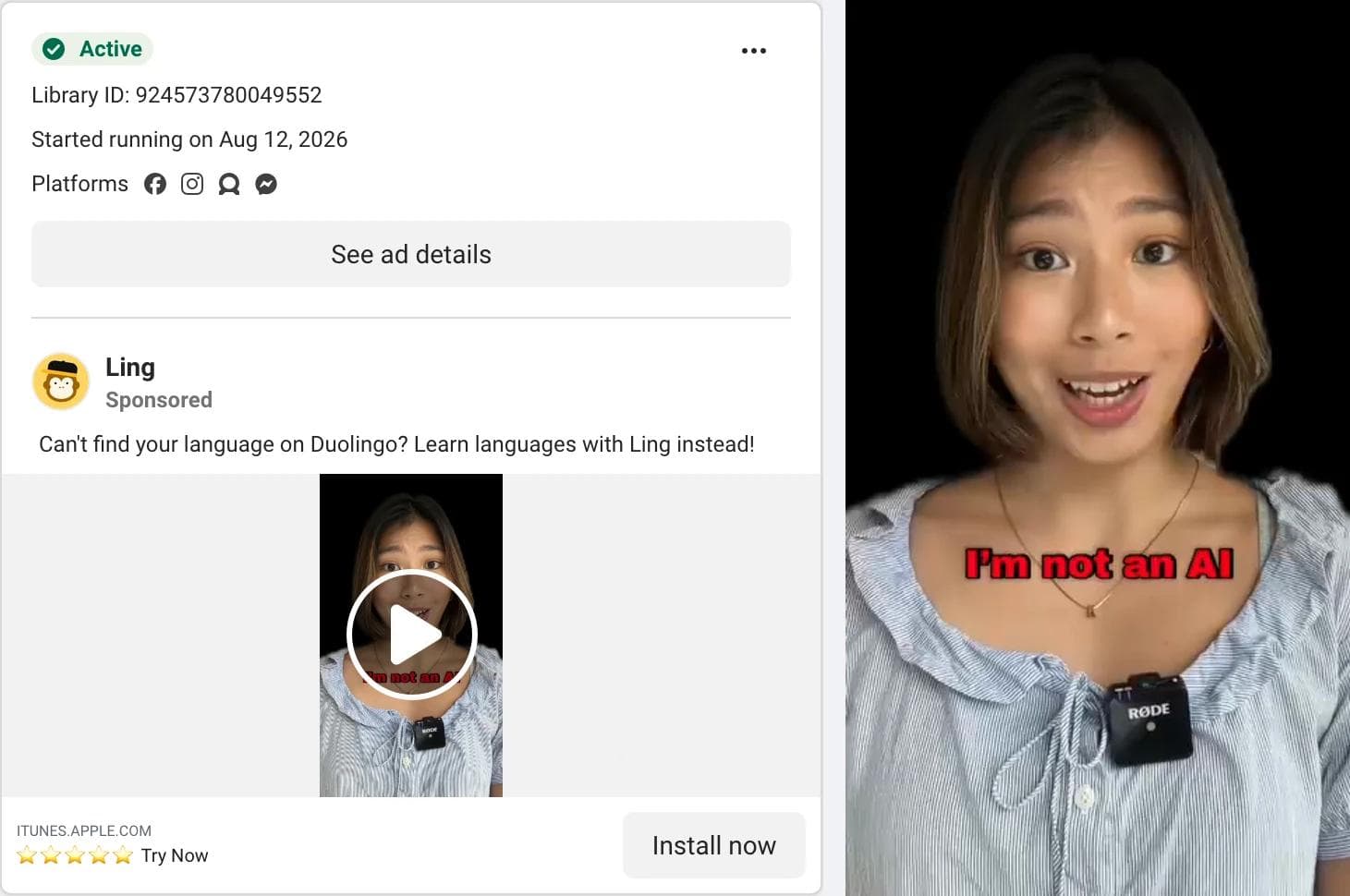 Meta Ad Library card for a Ling language app video ad, with a frame showing a woman speaking to camera with a lapel microphone under the caption I'm not an AI